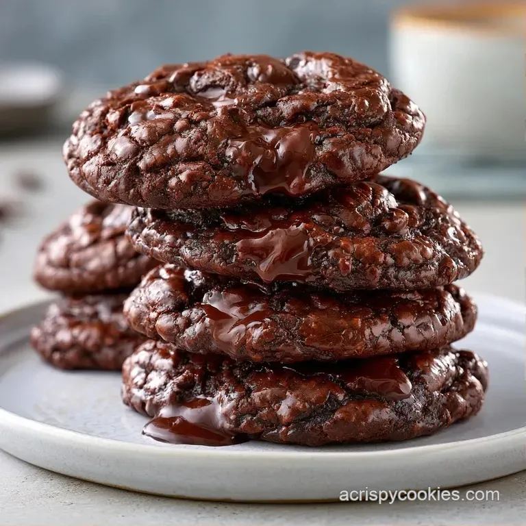 A stack of rich chocolate treats on a white ceramic plate, drizzled with melted cocoa and a pinch of flaky sea salt.