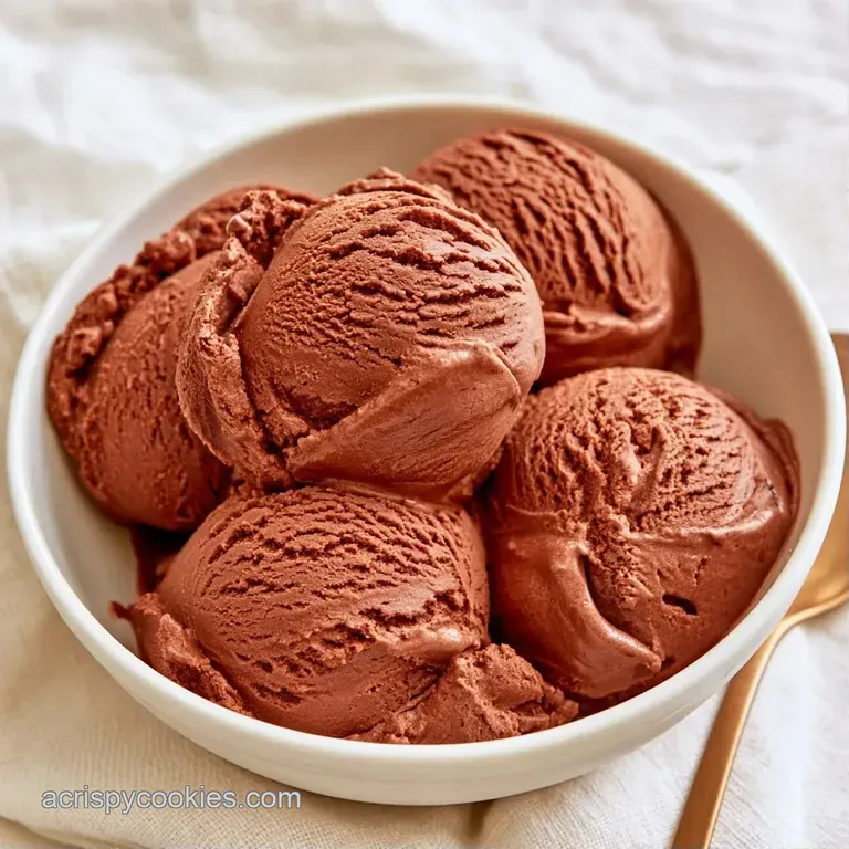 Three scoops of deep chocolate ice cream topped with a drizzle of ganache and a sprig of mint on a white ceramic plate.