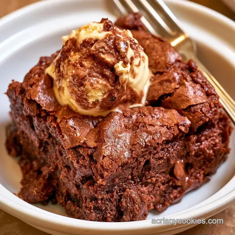 Square dark chocolate cake topped with melting ice cream and syrup, elegantly plated on a white porcelain dish.