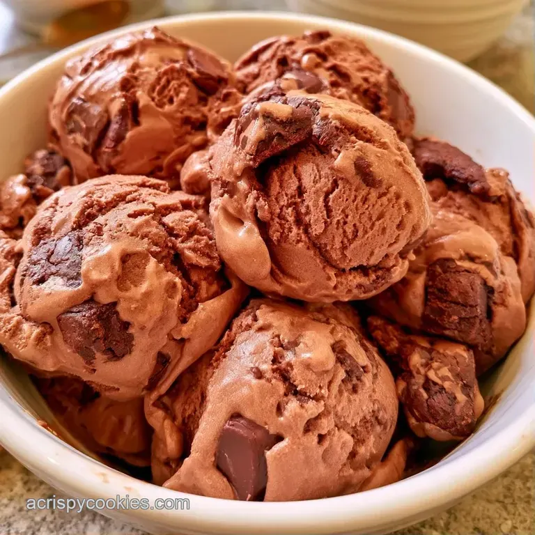 Elegant scoops of deep cocoa ice cream accented with fudgy brownie bits and a glossy chocolate drizzle on white.