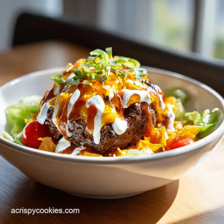 Perfectly arranged burger bowl. Topped with a runny fried egg, crisp lettuce, ripe tomatoes, and a drizzle of creamy sauce.