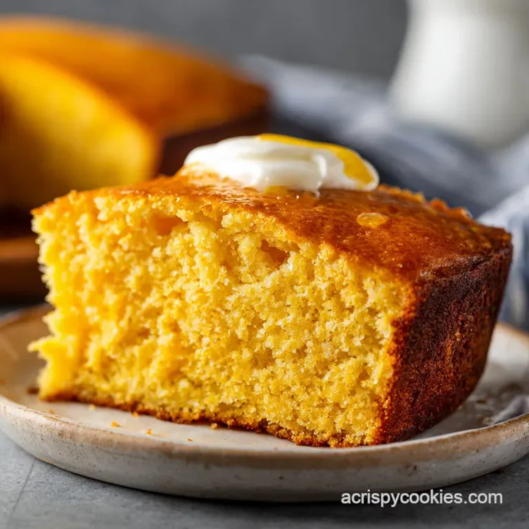 A moist slice of buttermilk cornbread with a pat of melting butter, steam rising subtly, placed on a rustic wooden plate.
