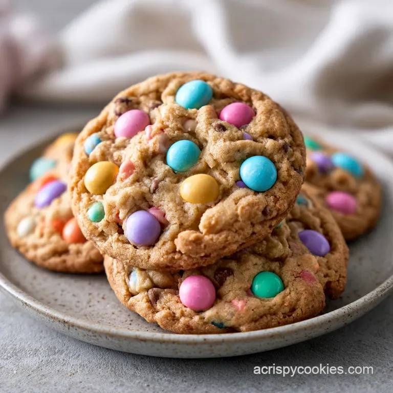 A neat stack of golden-brown cookies on a white ceramic plate, accented by scattered pastel chocolate eggs.