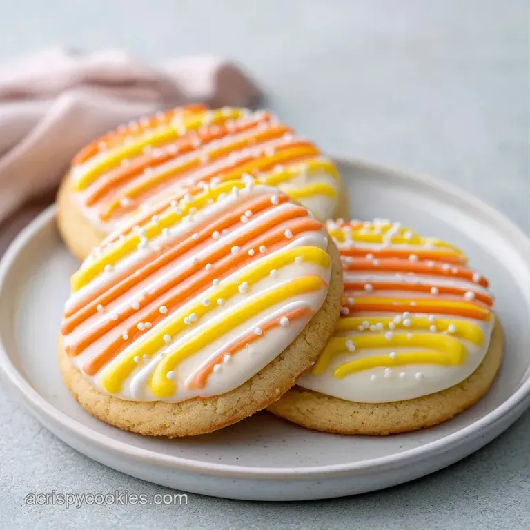 A neat stack of colorful sugar treats on a white porcelain plate with a dusting of fine powdered sugar.