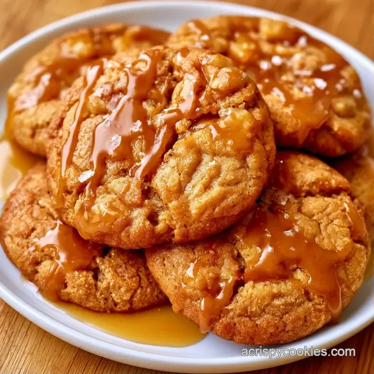 A stack of warm, golden cookies drizzled with glossy caramel on a white marble plate with fresh apple slices.