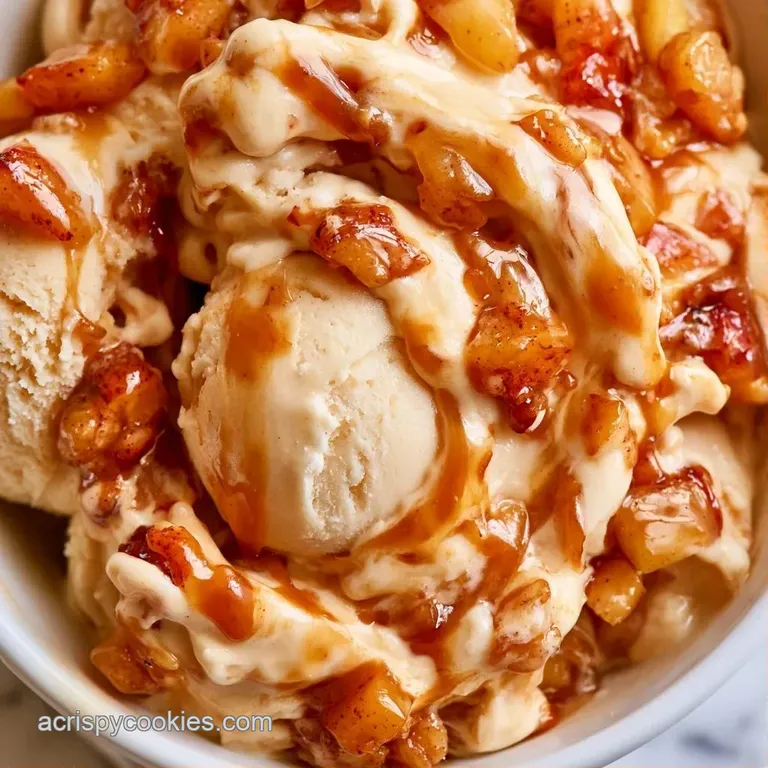 Elegant glass bowl with scoops of cream-colored dessert, amber caramel drizzle, and a fresh apple slice.