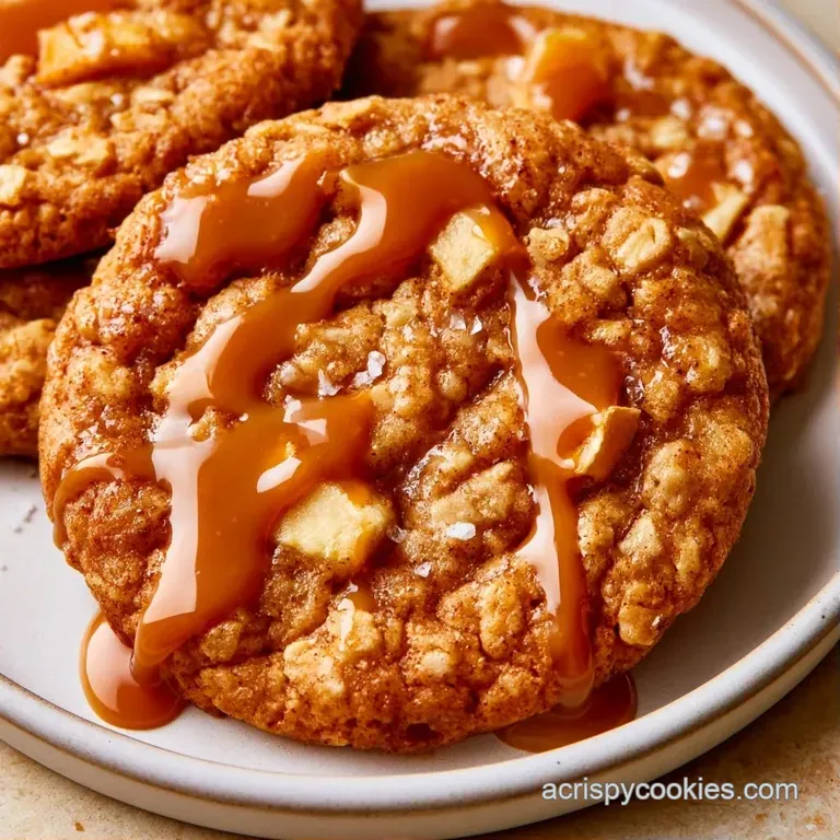 Three chewy oat cookies stacked on a white ceramic plate, drizzled with amber caramel and a sprig of fresh mint.