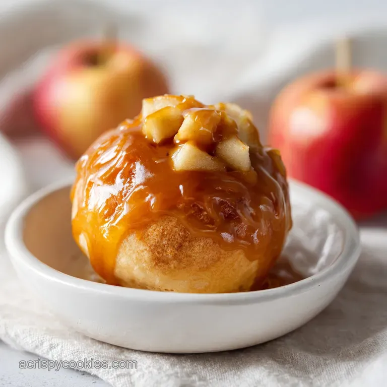 Warm apple pie bombs nestled on a rustic wooden board, drizzled with rich caramel sauce and sprinkled with flaky sea salt.