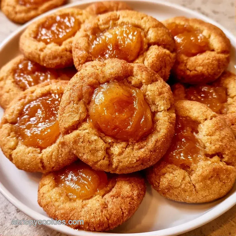 Miniature golden cookies arranged on a white marble platter, each topped with a swirl of glistening caramel.