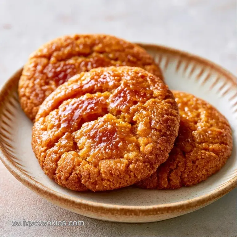 A stack of amber-hued cookies on a white ceramic plate, accented by a glass of milk and a linen napkin.