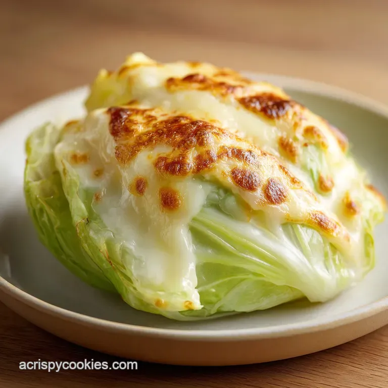 A neat scoop of tender, cream-coated cabbage topped with melted cheese on a matte grey plate with fresh parsley.