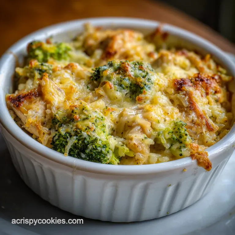 A generous scoop of chicken and broccoli casserole with a creamy sauce, steaming and garnished with a fresh parsley sprig.
