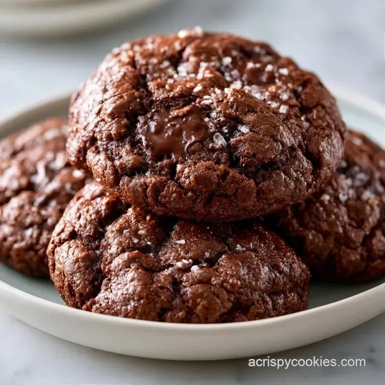 Three deep chocolate cookies stacked neatly on a white ceramic plate with a swirl of cream and fresh raspberries.