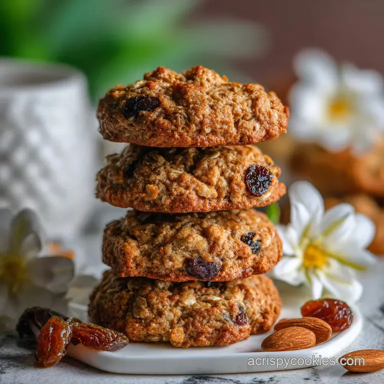 Warm oatmeal cookie on a small plate, adorned with powdered sugar. Soft, chewy inside, with a slightly crisp edge.