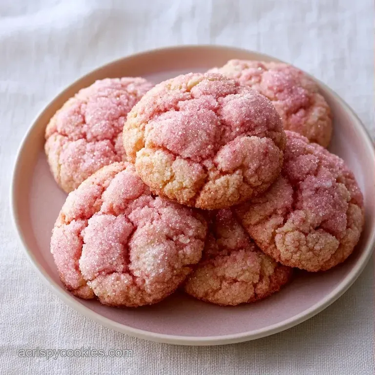 A stack of pale pink cookies on a marble platter, accented by fresh strawberry slices and a sprig of mint.