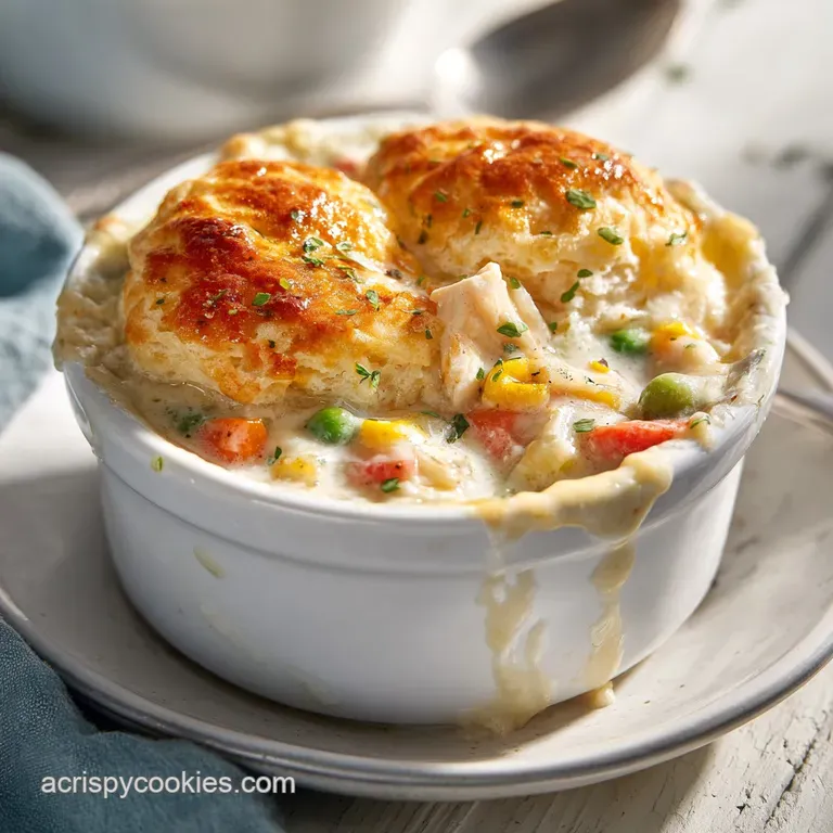 A generous slice of chicken pot pie, flaky crust cradling tender chicken and vegetables.