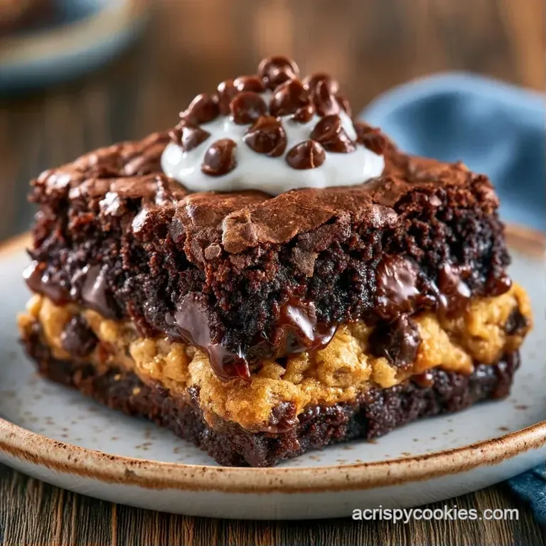Stacked squares of rich chocolate treats on a white ceramic plate with a drizzle of fudge and fresh mint leaves.