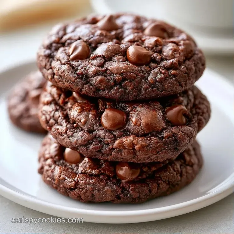 A stack of fudgy chocolate treats topped with a sprinkle of sea salt, served on a white ceramic plate with milk.