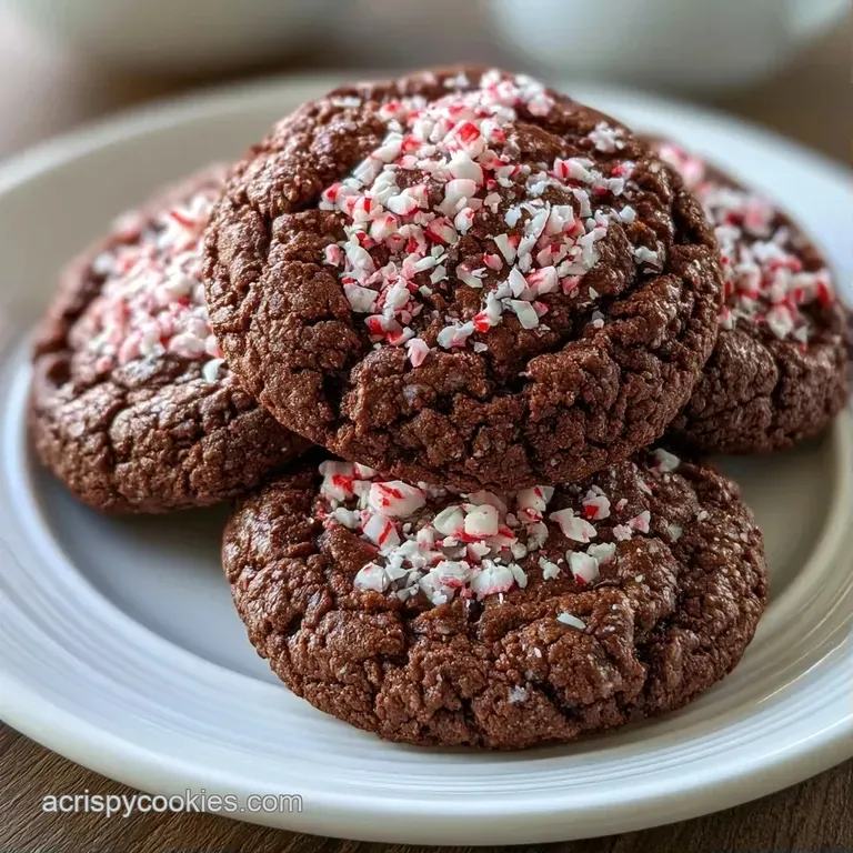 A neat stack of fudgy dark brown cookies topped with mint shards on a marble slab with a sprig of fresh mint.