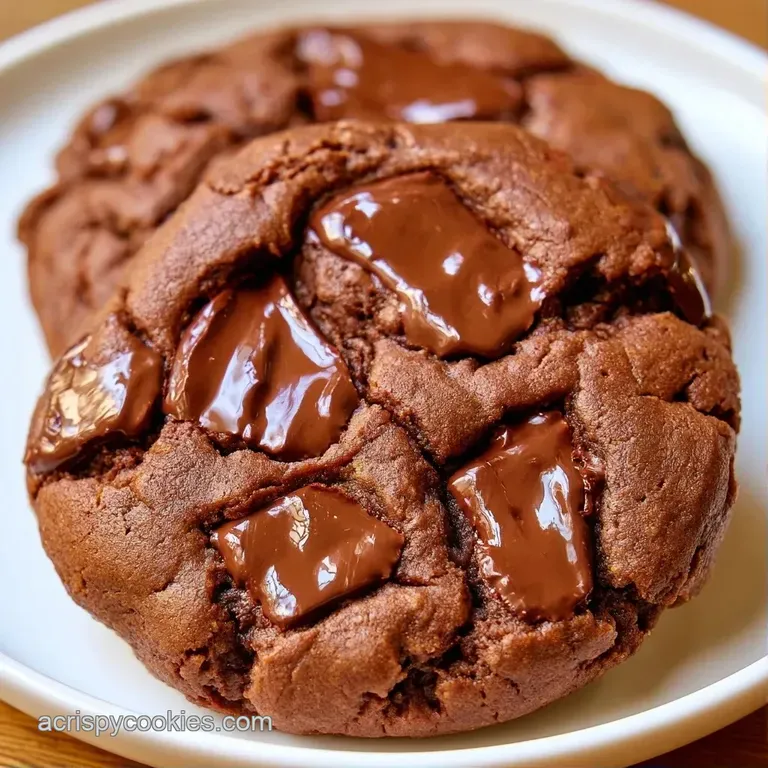 A neat stack of chewy dark brown cookies on a white ceramic plate, garnished with a dusting of cocoa powder.