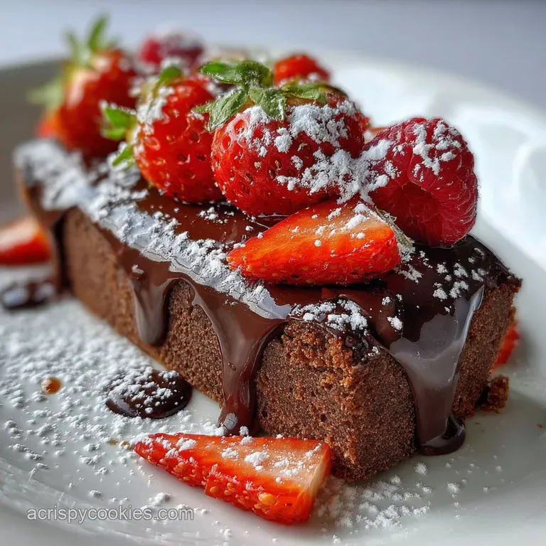 A slice of rich chocolate cake on a white plate, showcasing its moist texture and decadent color, enhanced by a delicate s...