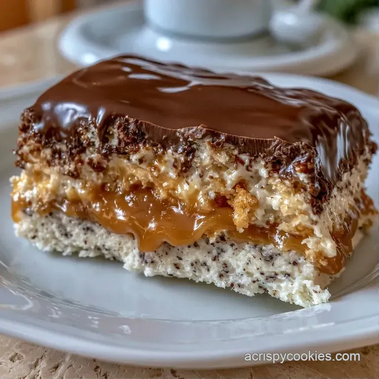 Three chocolate-covered treats stacked on a white marble slab, garnished with crushed cookies and a drizzle of caramel