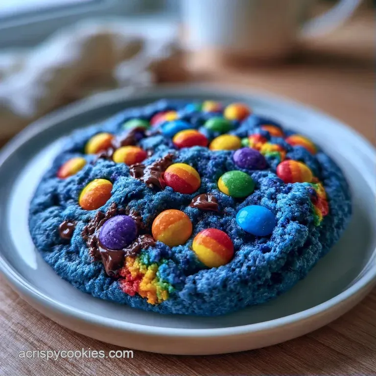 Stack of bright blue cookies paired with a glass of milk on a rustic wooden table with soft, warm lighting.