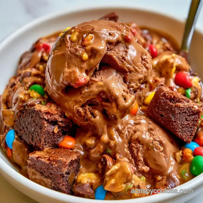 A scoop of rich chocolate ice cream in a glass bowl, topped with multi-colored sprinkles and a fudge drizzle.