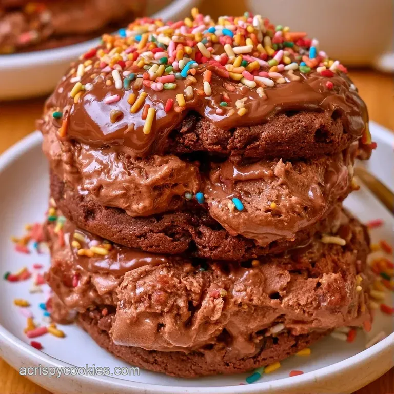 A stack of chocolate ice cream sandwiches with vibrant rainbow sprinkles on a slate board with a mint leaf