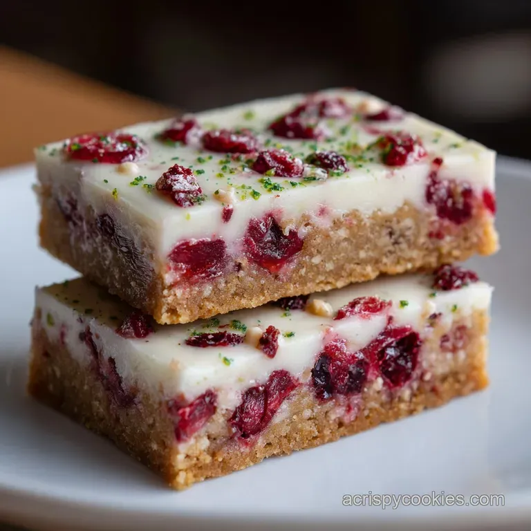Stacked cranberry bliss bars dusted with powdered sugar on a festive plate, highlighting creamy frosting and vibrant cranb...