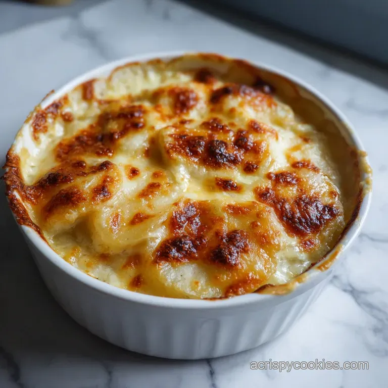 A neat square of layered potatoes in a rich creamy sauce on a white plate, garnished with fresh green chives.