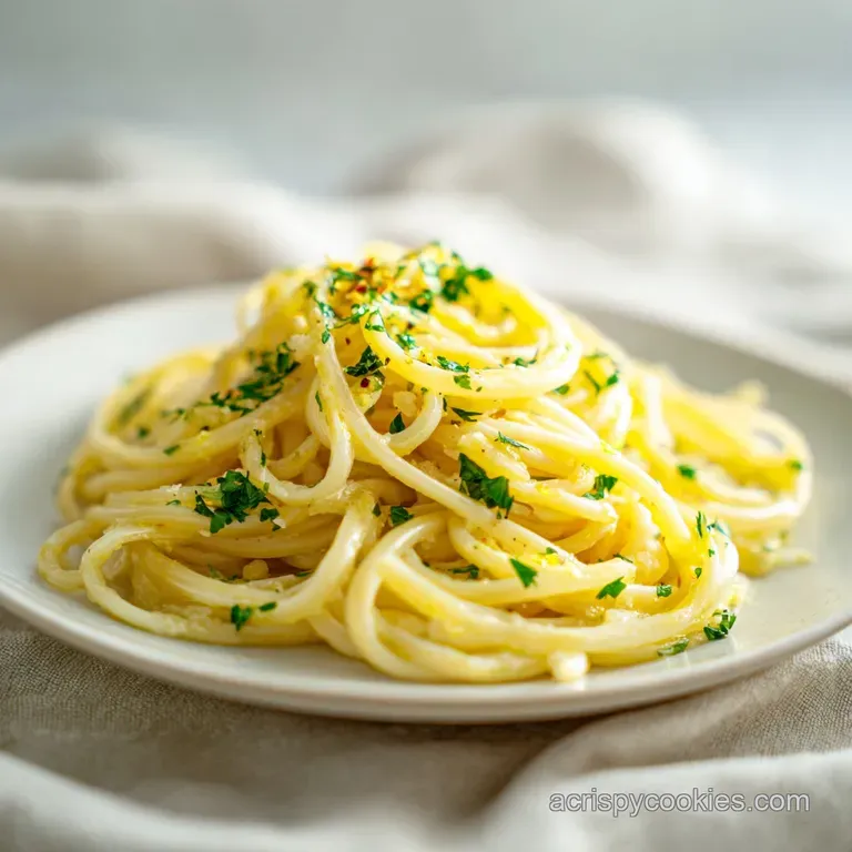 Elegant swirls of pasta glistening with a creamy sauce, topped with bright lemon slices and herbs on a white plate. Steami...
