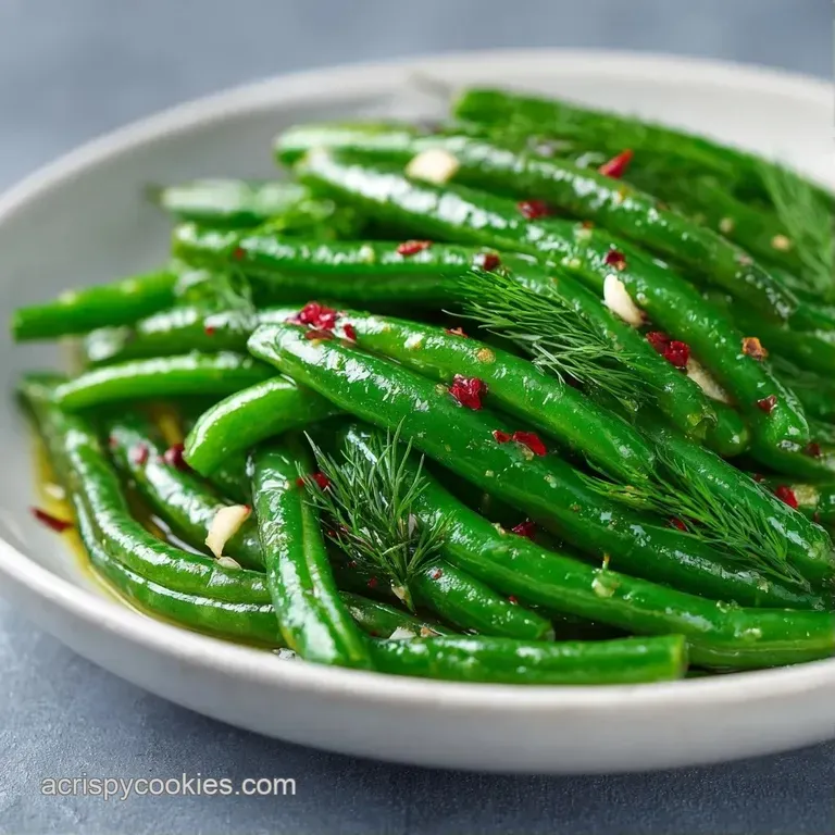 Bright green pickled beans and garlic cloves neatly arranged in a glass jar atop a rustic wooden surface.