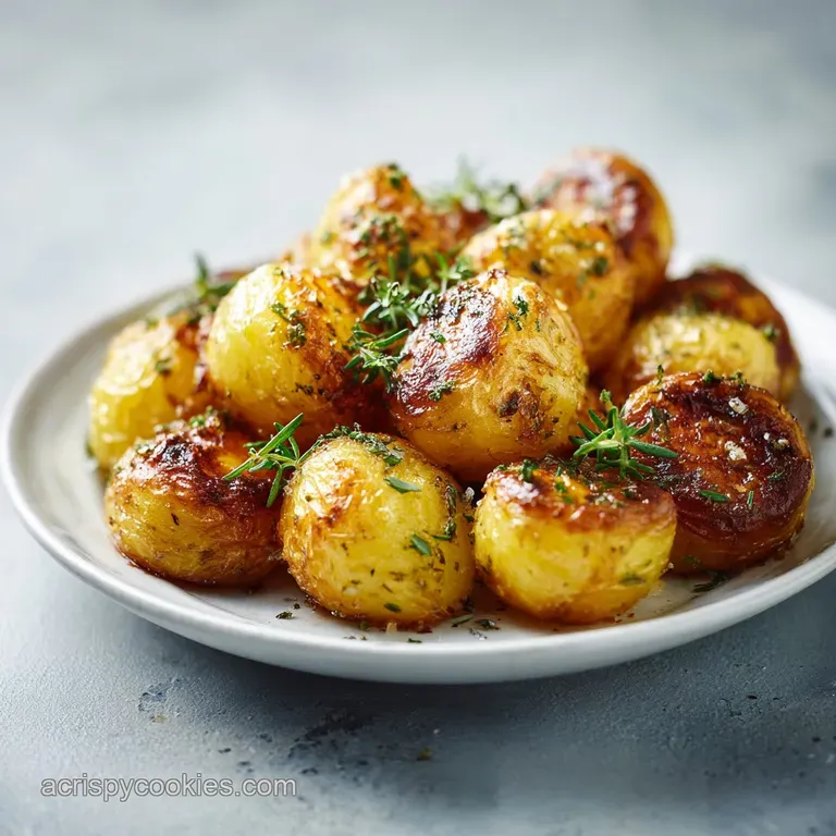 Plump, fluffy roast potatoes with crackling edges artfully arranged on a rustic wooden board, garnished with fresh herbs.