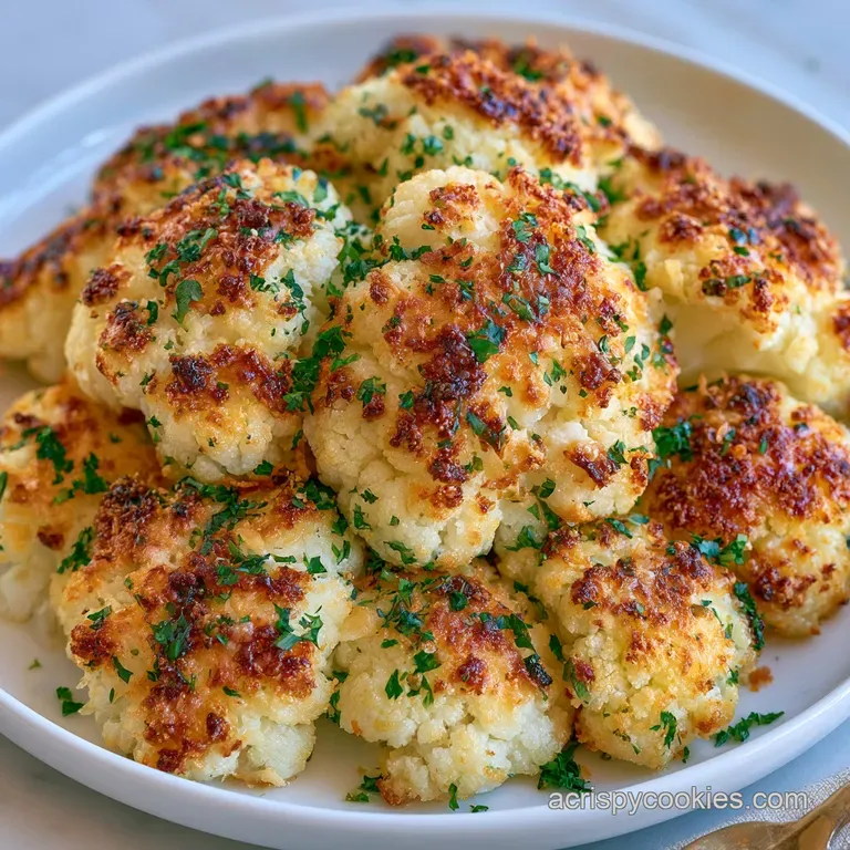 Golden roasted cauliflower florets with toasted cheese, garnished with fresh parsley on a dark slate board.