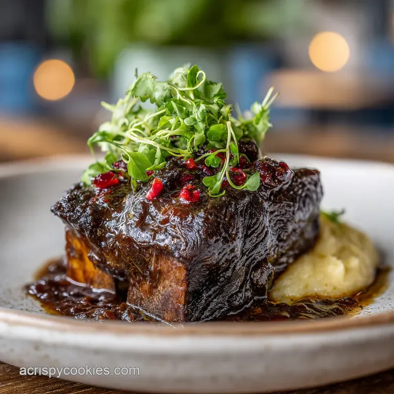Braised short rib plated with vibrant green broccolini spears and a swirl of creamy polenta, glistening with sauce.