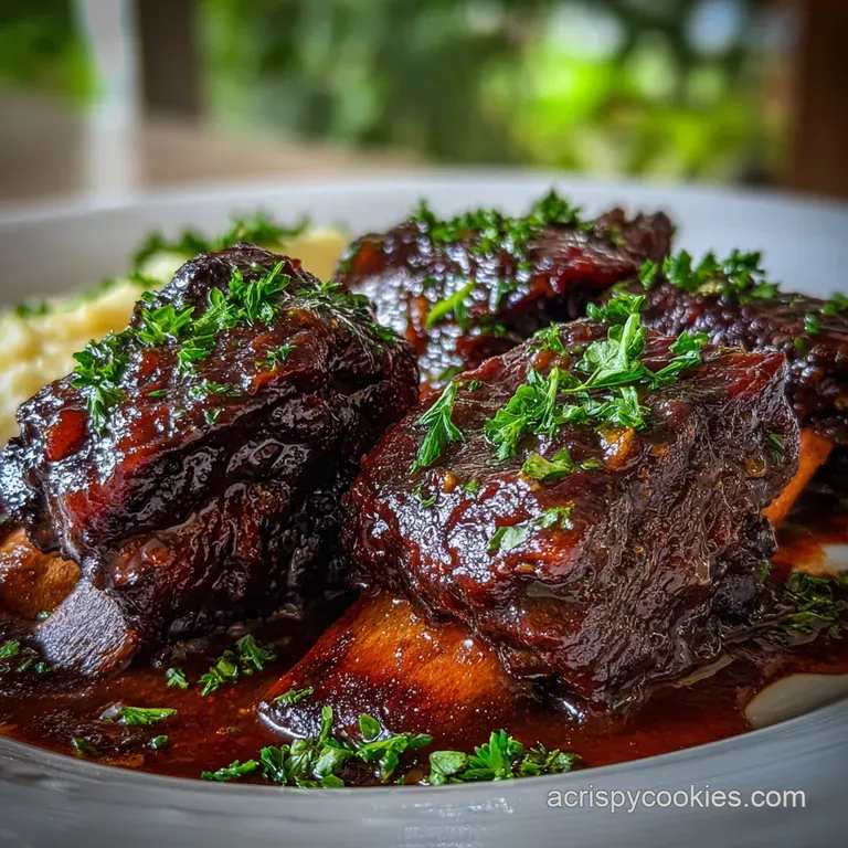 Tender short rib, fork-shredded, plated beautifully with vibrant green parsley sprigs and a generous pour of glossy red wi...