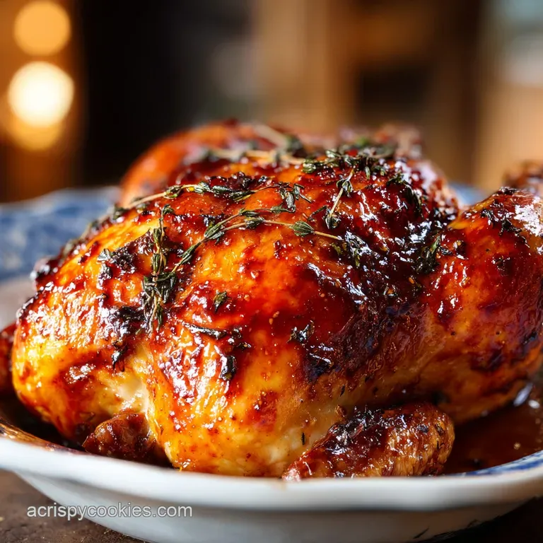 Sliced pieces of roast chicken on a white platter, garnished with sprigs of fresh thyme and lemon wedges.