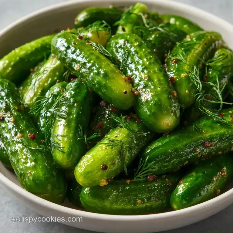 Vibrant green pickle slices piled in a ceramic bowl next to fresh dill on a clean, bright marble countertop.