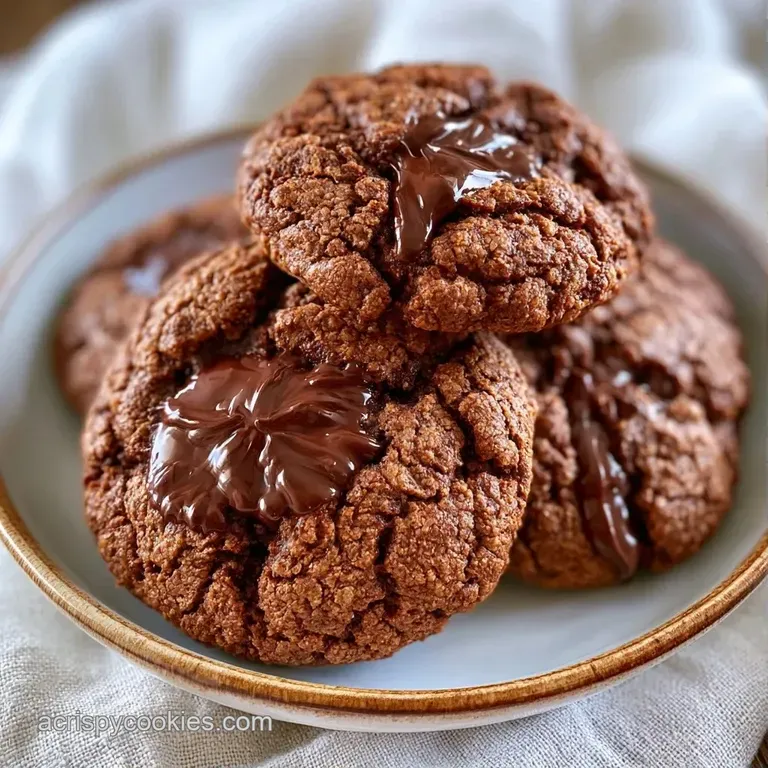 A stack of rich, dark cocoa cookies on a white ceramic plate, topped with a sprinkle of flaky sea salt crystals.