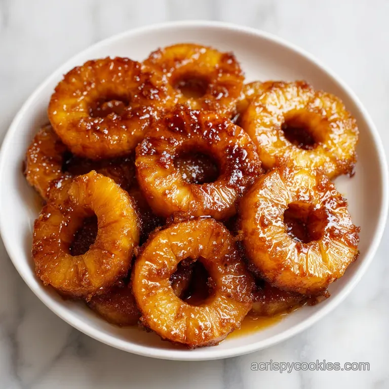 A glistening caramelized pineapple ring on a white plate, drizzled with syrup and topped with fresh green mint.