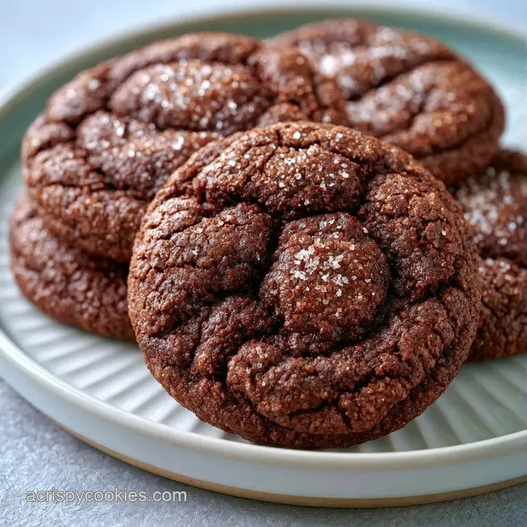 A neat stack of dark cocoa cookies on a white ceramic plate, dusted with powdered sugar and a fresh mint leaf.