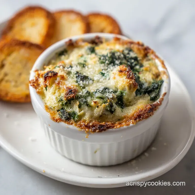 Creamy spinach artichoke dip served in a rustic bowl with toasted baguette slices, garnished with fresh parsley, inviting ...