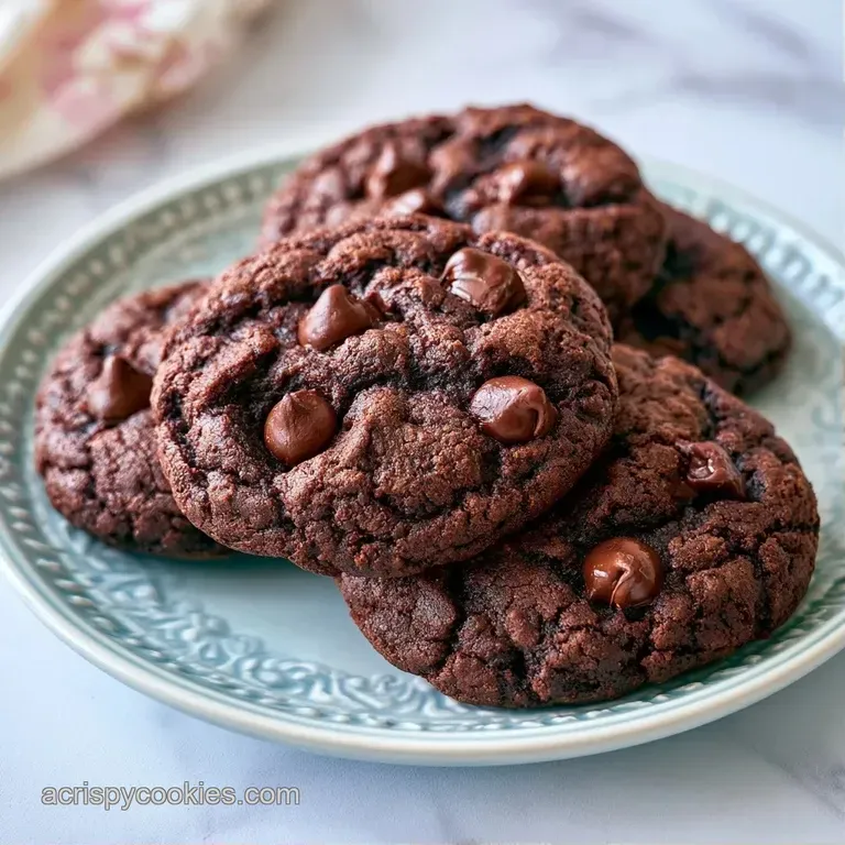 A stack of rich chocolate cookies on a white marble slab, dusted with powdered sugar and a fresh mint sprig.