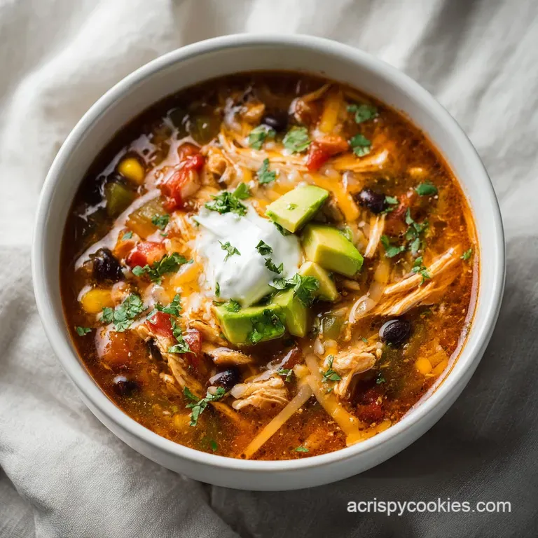 A comforting bowl of steaming tortilla soup, topped with creamy avocado slices and a sprinkle of cilantro.
