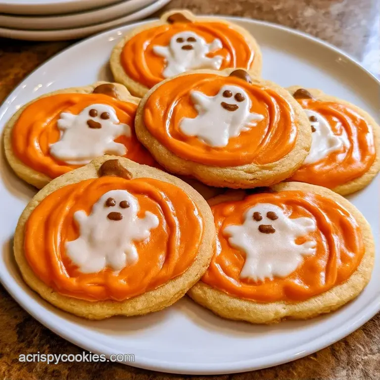Assorted spookily decorated sugar cookies arranged on a dark slate board with scattered orange candy corn.
