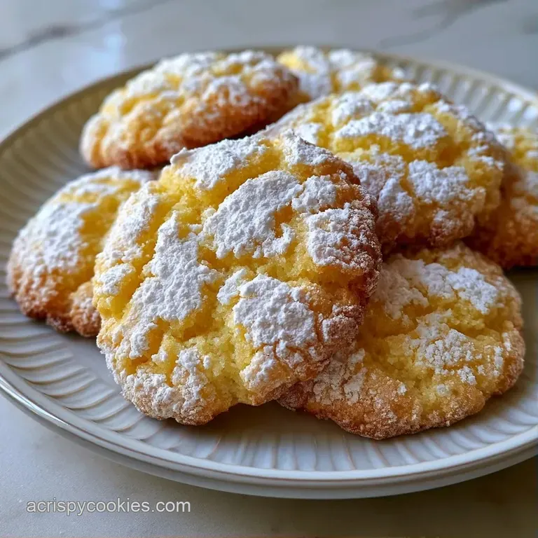 A neat stack of pale yellow citrus cookies dusted in white sugar on a white ceramic plate with a fresh lemon slice.