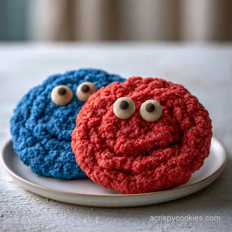 Cheerful red and blue frosted cookies with wide candy eyes arranged neatly on a clean white ceramic platter