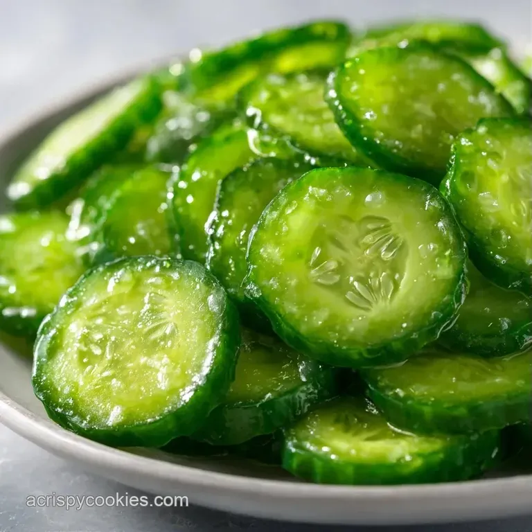 Vibrant green cucumber rounds neatly stacked on a ceramic platter, garnished with fresh herbs and garlic.
