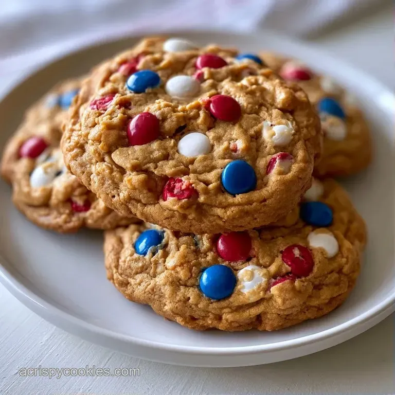 Neatly stacked chewy cookies with vibrant red and blue candy pieces resting on a minimalist white ceramic platter.